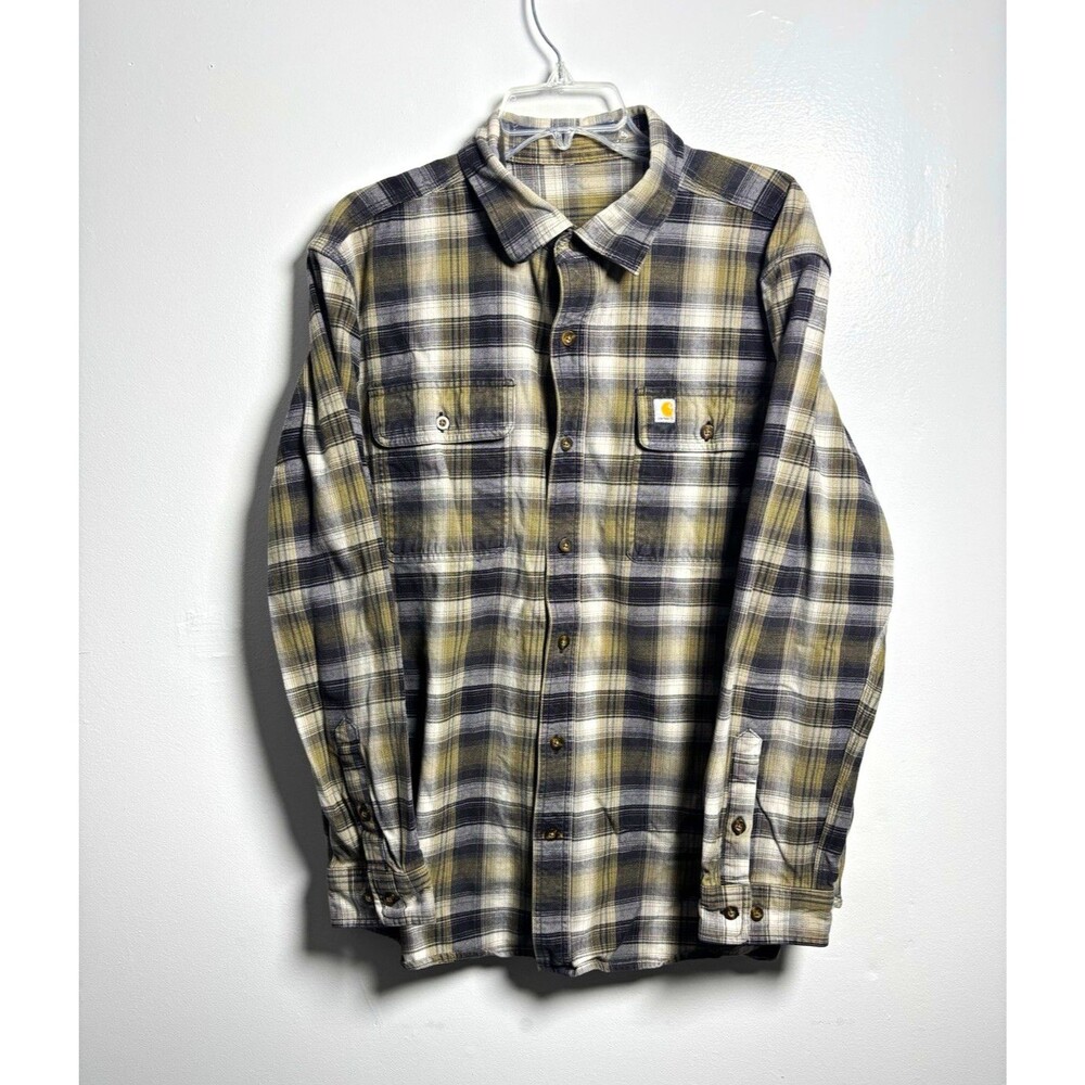 Carhartt Men's L Regular Long Sleeve Flannel Plaid Button-Up Shirt Gray/Tan